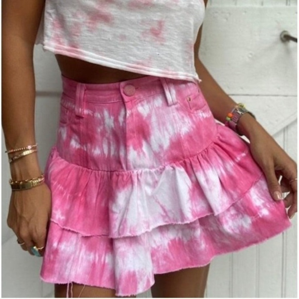 LoveShackFancy Landen Skirt Size 4 Pink Tie Dye Tiered Ruffle Mini‎ Skirt Cotton